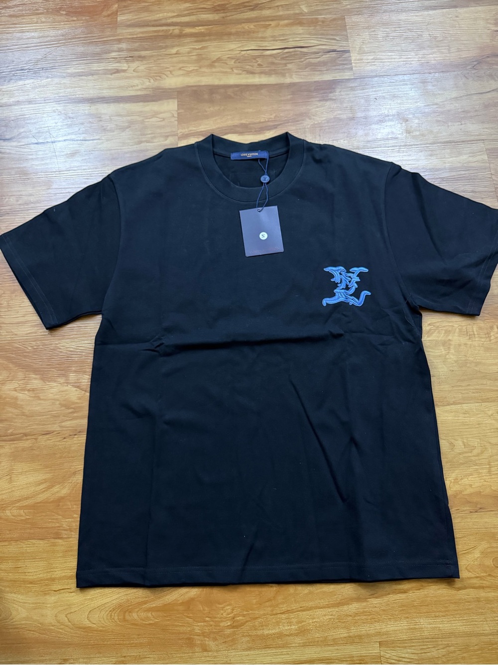 Black Louis Vuitton Men's Crewneck T-Shirt with Blue Chest Emblem (OVERSIZED)